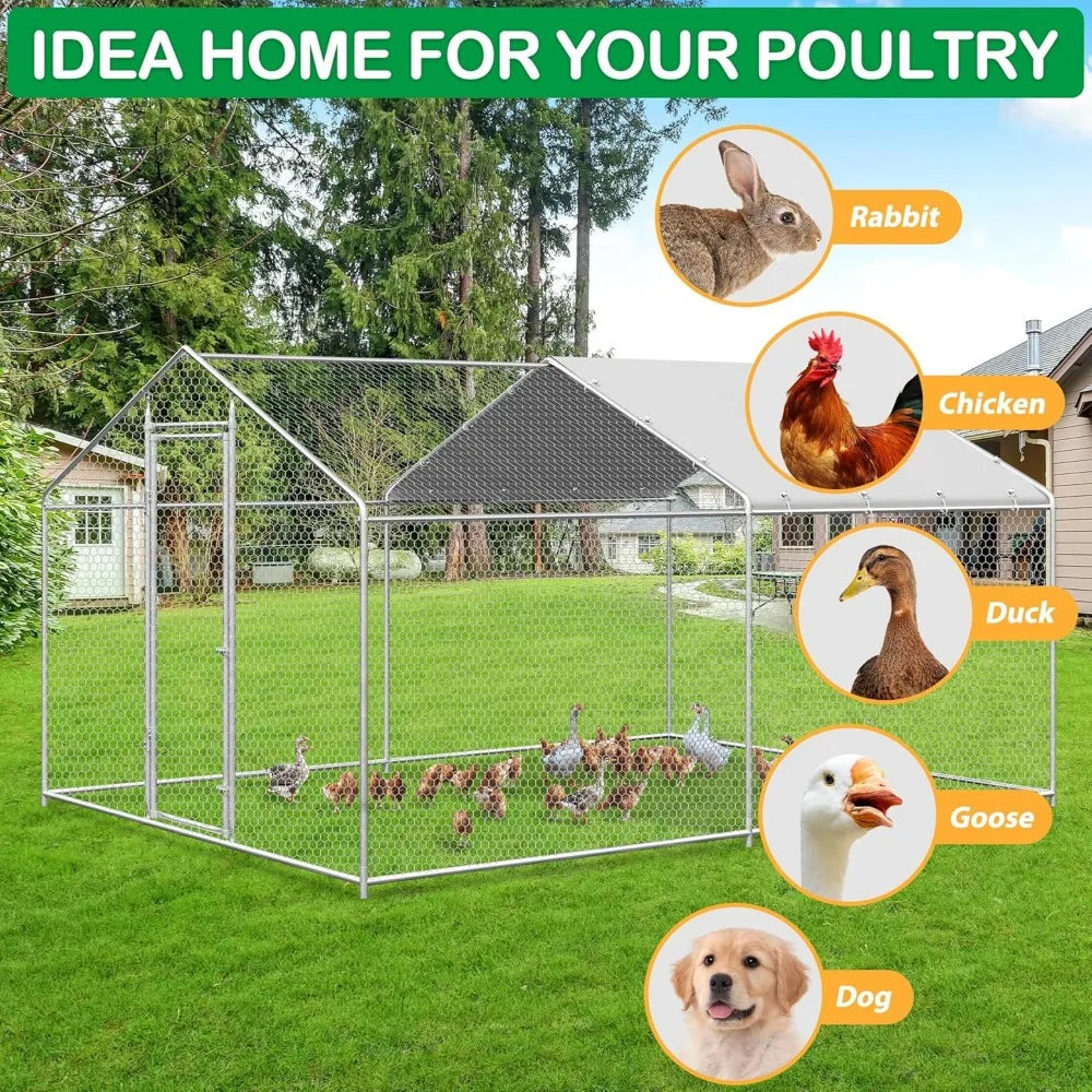 Large Metal Chicken Coop, Walk-in Chicken Run Pen with Waterproof Cover, for Outdoor