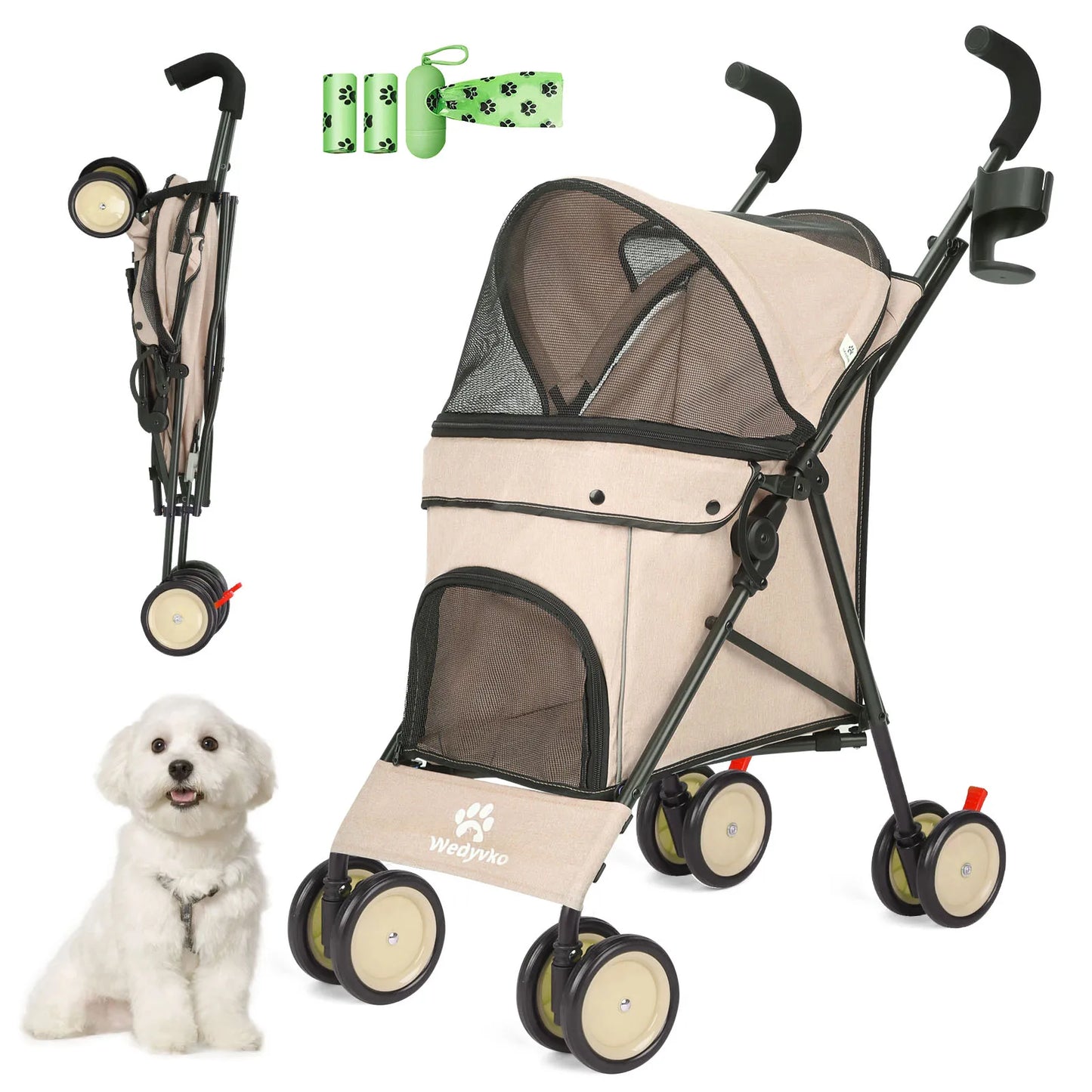 Pet Stroller Rotate with Brakes Storage for Dogs Cats Travel
