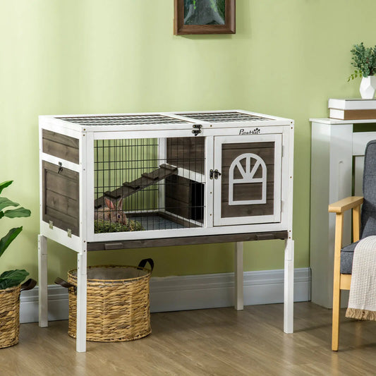 Rabbit Hutch Guinea Pig Cage w/ Removable Tray, Openable Roof