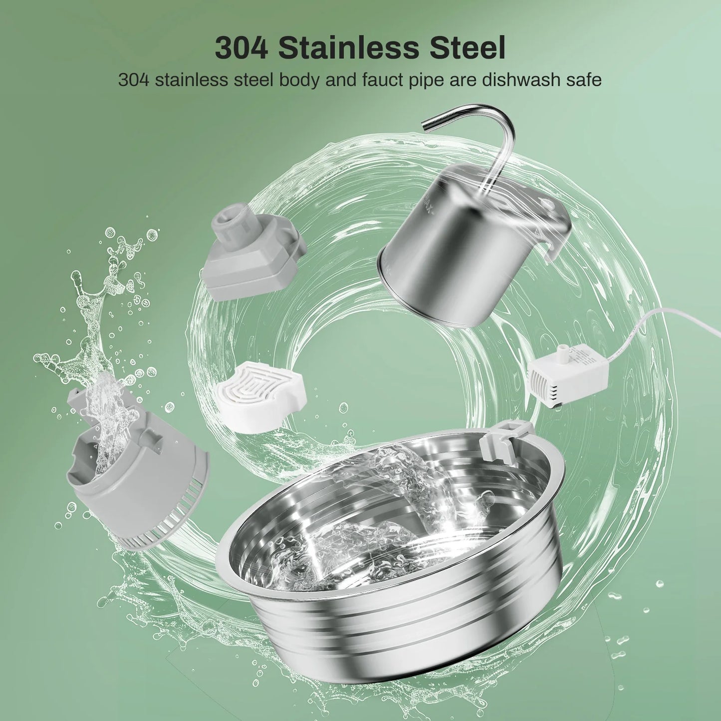 Stainless Steel, Pet Fountain With Ultra Quiet Pump, Filtration System, Water Level Window
