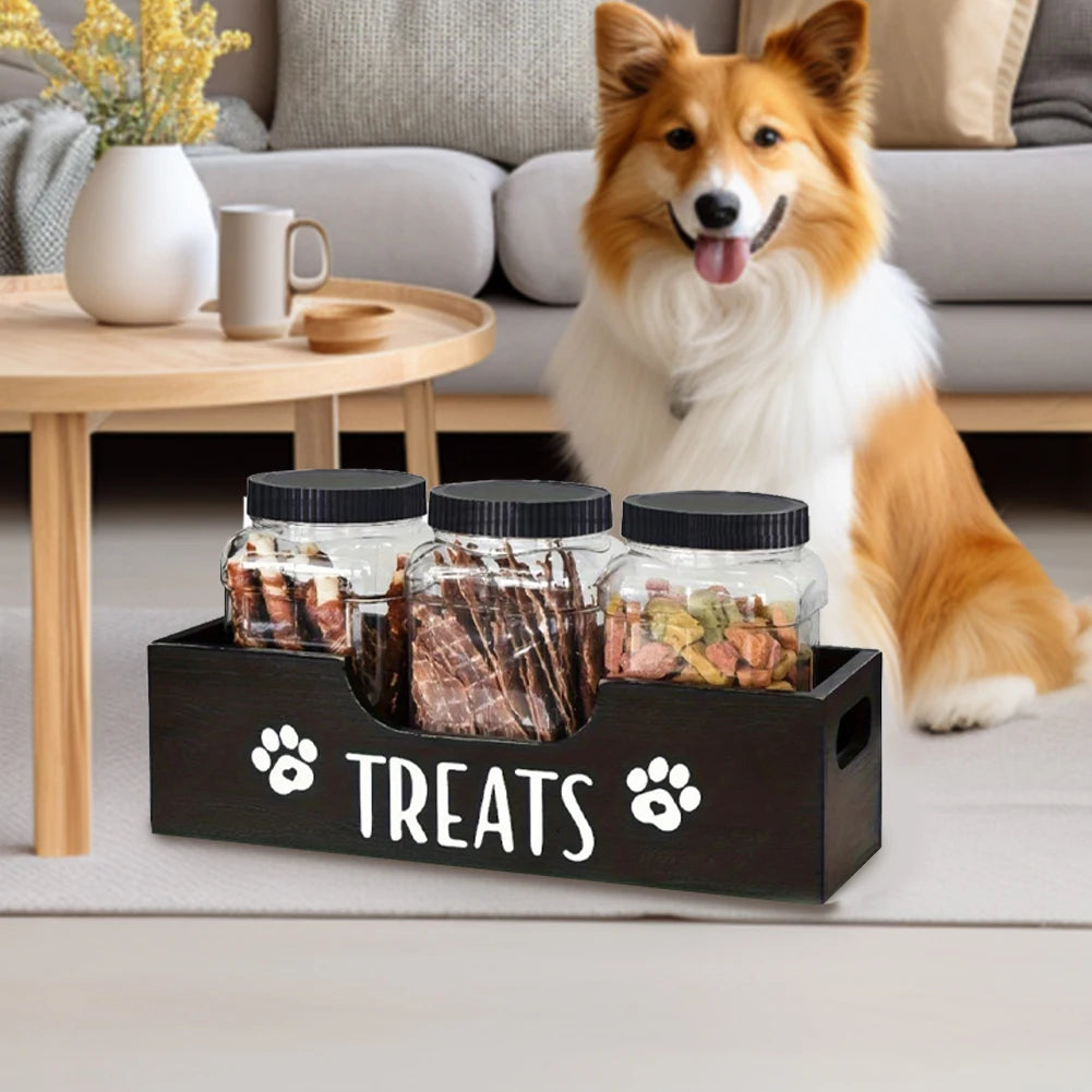 3Pcs Cat Dog Treat Jars With Wood Holder Pet Snack Storage Organizer