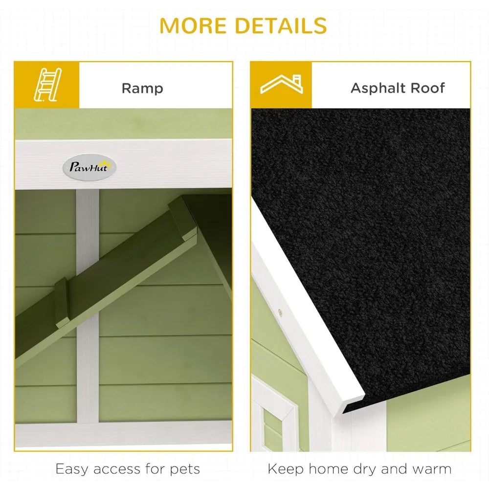 Rabbit Hutch, Outdoor or Guinea Pig Cage with Asphalt Roof, Handle, Wheels, 64 Inch Wooden Bunny Cage