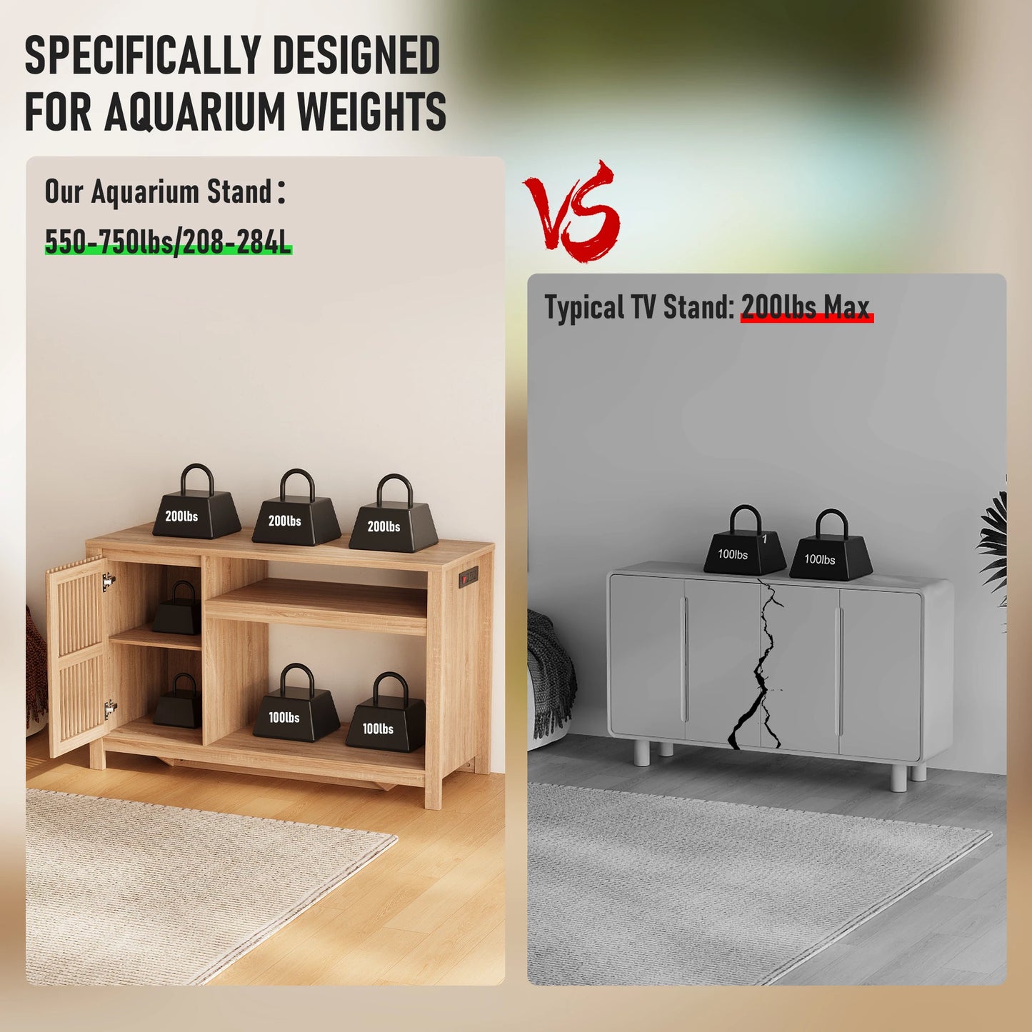 Aquarium Fish Tank Stand with Built-in Power Outlet & Storage Cabinet, Heavy Duty for Turtles