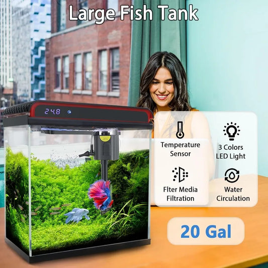 Large Smart Aquarium with Self Cleaning Pump 3 Color LED Lights Water Temperature Detection System