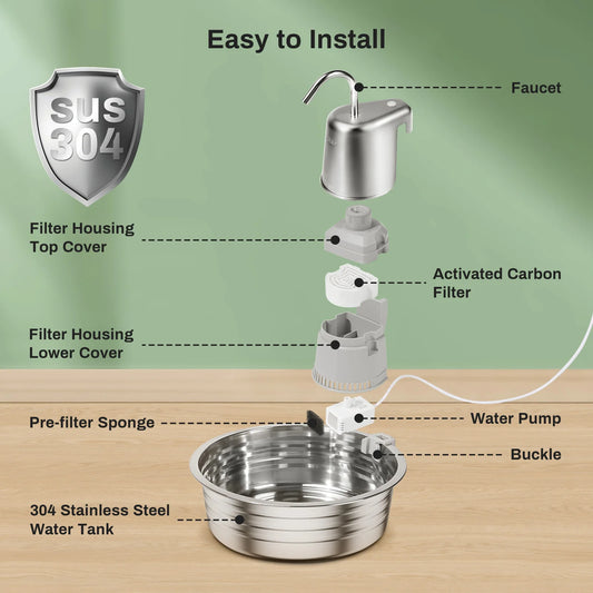 Stainless Steel, Pet Fountain With Ultra Quiet Pump, Filtration System, Water Level Window
