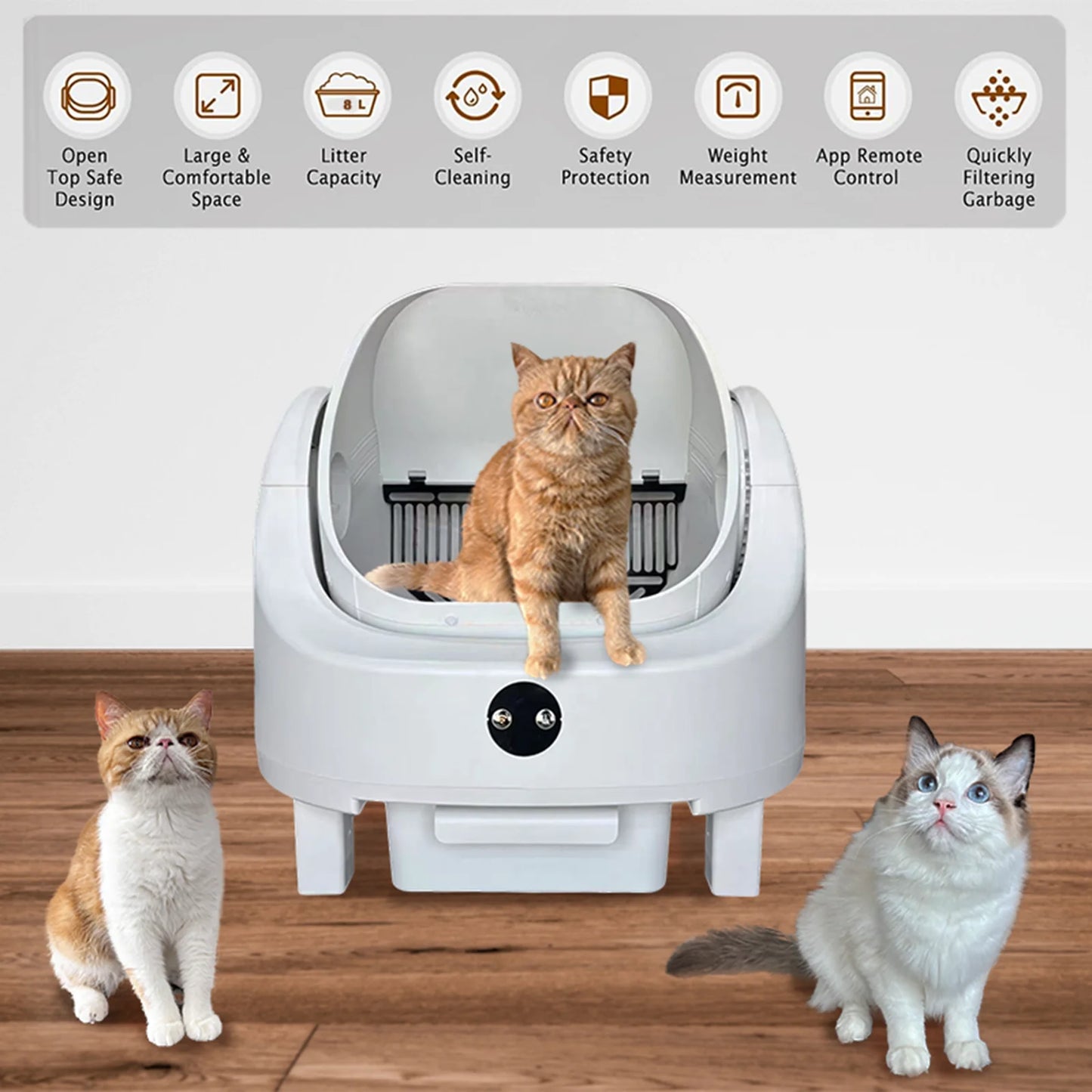 Large Capacity Self Cleaning Cat Litter Box Safety App Control Odor Free Waste Bin Auto Open