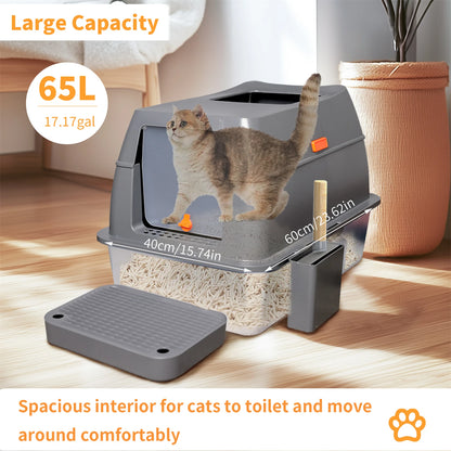 Enclosed Stainless Steel Cat Litter Box with Lid Extra Large for Big Cats High Wall Sides
