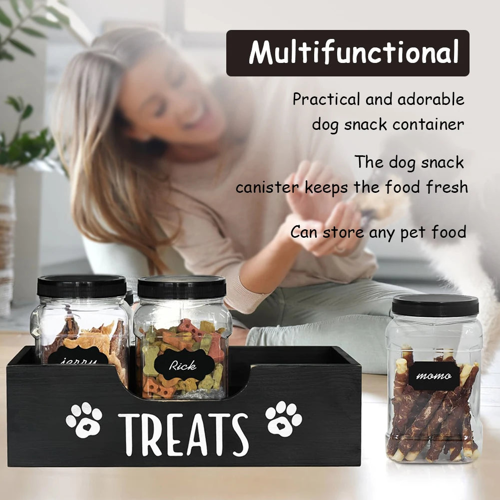 3Pcs Cat Dog Treat Jars With Wood Holder Pet Snack Storage Organizer