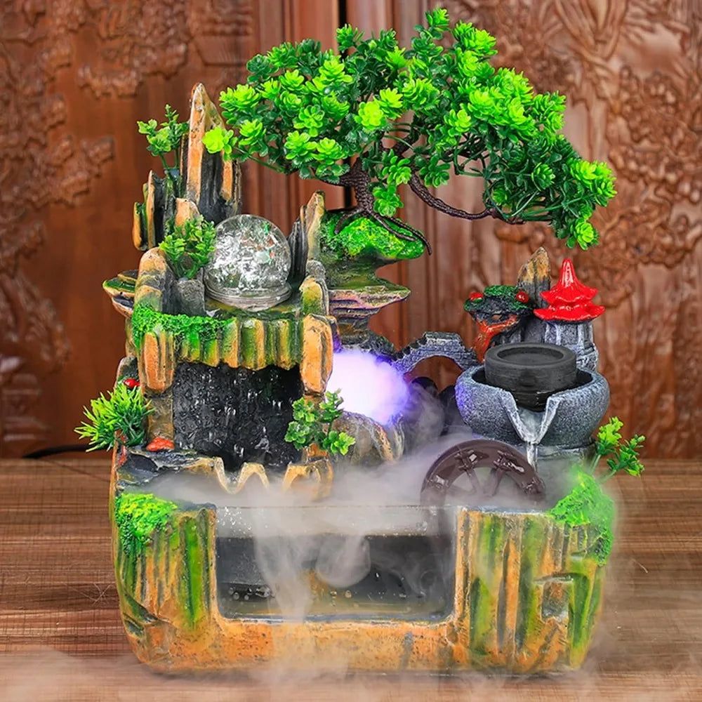 Tabletop Indoor Waterfall Fountain with Lights, Plants & Mist