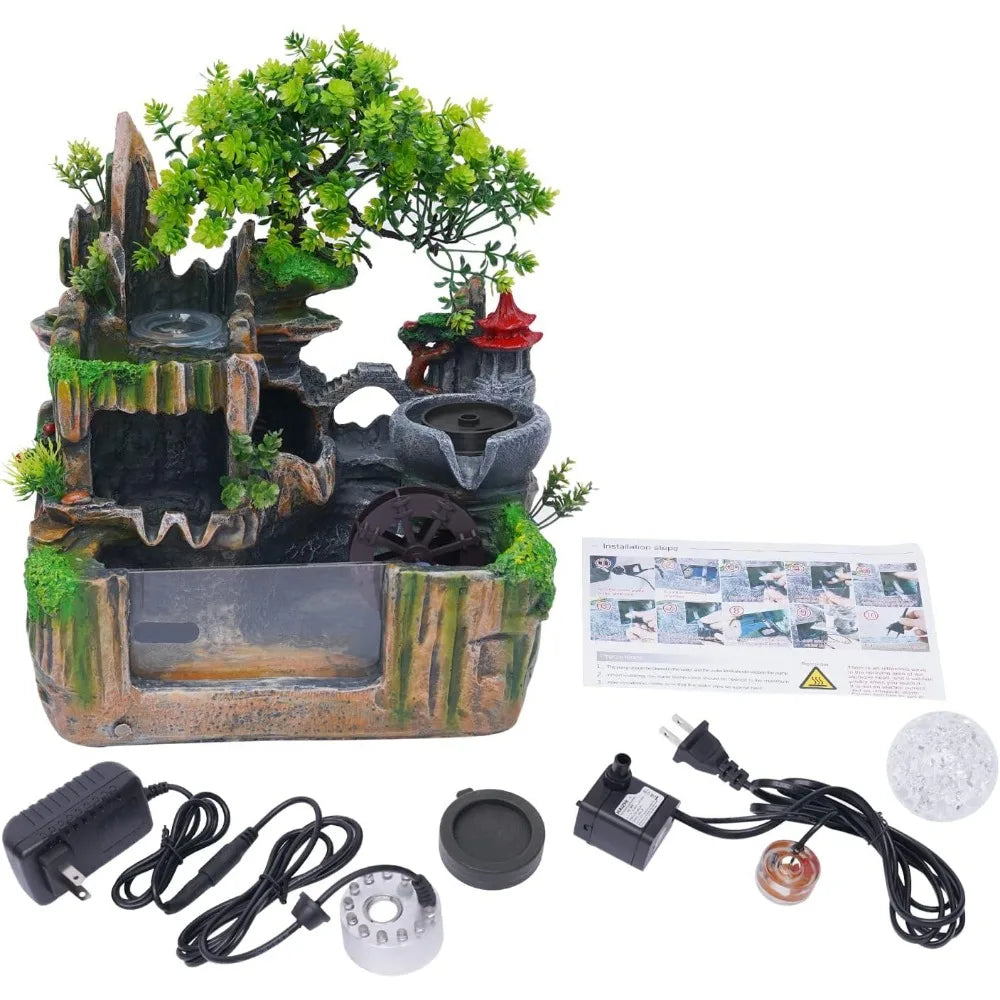Tabletop Indoor Waterfall Fountain with Lights, Plants & Mist