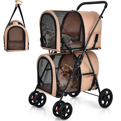 Double Pet Stroller with 2 Removable Carrying Bags, Safety Strap, 4 Lockable Wheels, Foldable