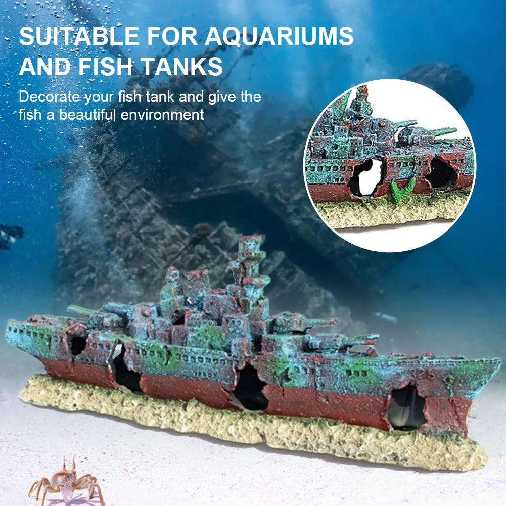 Aquarium Resin Sunken Pirate Ship Reusable Creative Wreckage Warship Ornament for Fish Tank Cave Decor Accessories