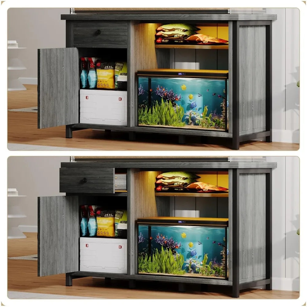 Aquarium Stand with LED Lighting Power Outlets Drawer Storage