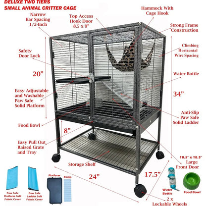 Deluxe Two Tiers Small Animal Critter Cage for Ferrets Chinchillas Rats Mice Squirrels Rabbits