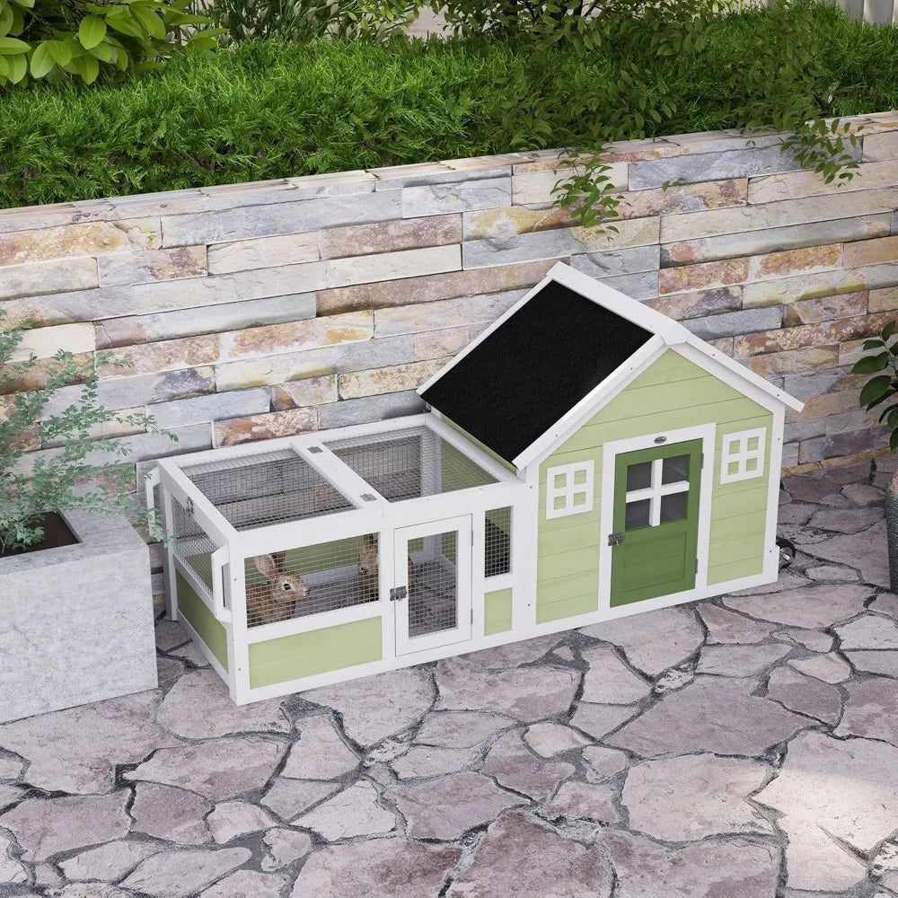 Rabbit Hutch, Outdoor or Guinea Pig Cage with Asphalt Roof, Handle, Wheels, 64 Inch Wooden Bunny Cage