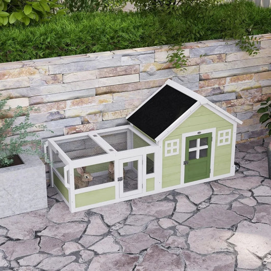 Rabbit Hutch, Outdoor or Guinea Pig Cage with Asphalt Roof, Handle, Wheels, 64 Inch Wooden Bunny Cage