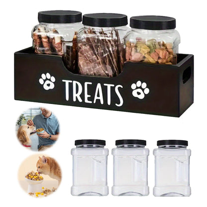 3Pcs Cat Dog Treat Jars With Wood Holder Pet Snack Storage Organizer