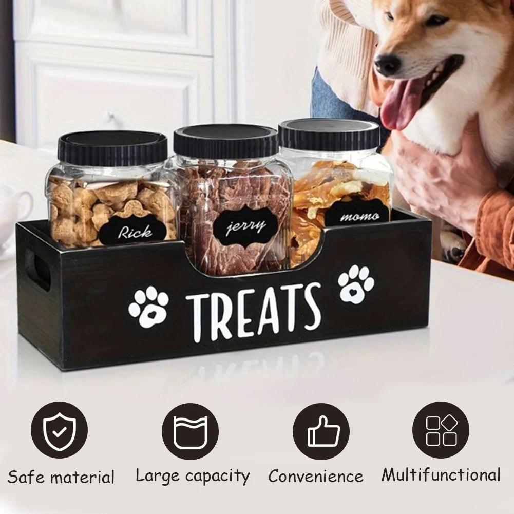 3Pcs Cat Dog Treat Jars With Wood Holder Pet Snack Storage Organizer