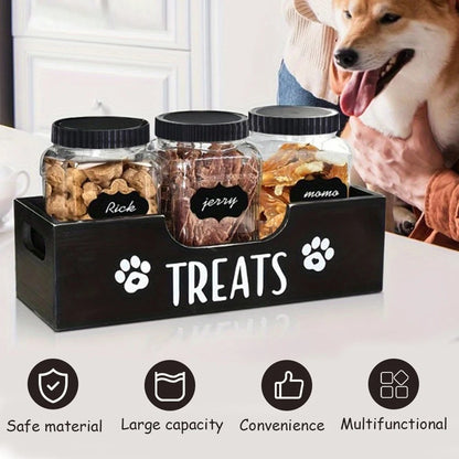 3Pcs Cat Dog Treat Jars With Wood Holder Pet Snack Storage Organizer