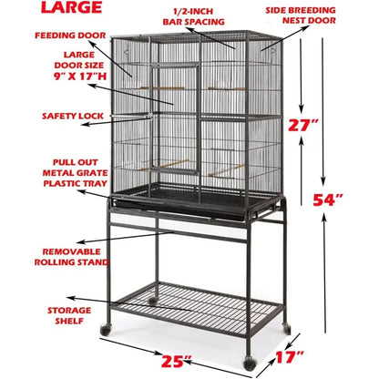 Large Wrought Iron Metal Bird Flight Breeder Cage with Removable Rolling Stand