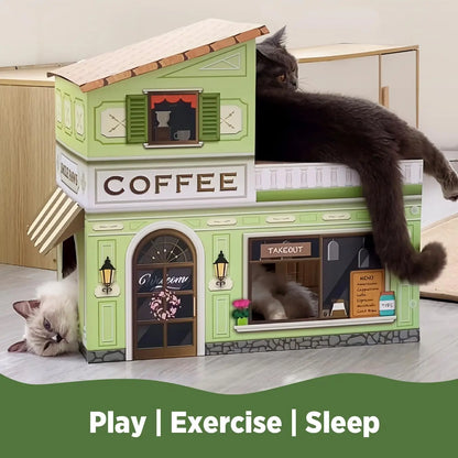 Indoor House with Scratchers, Coffee Shop, Large Sturdy Cat Furniture Condo Cave Tent