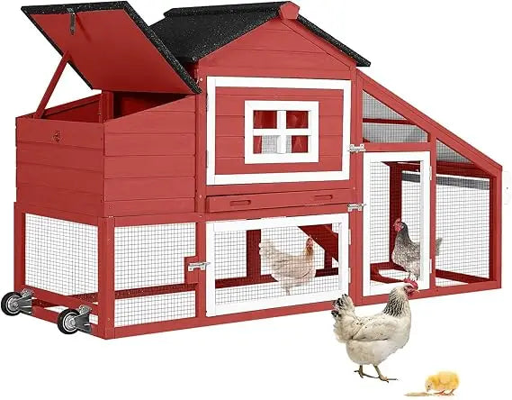Chicken Coop Mobile Hen House Wooden with Run Poultry Cage with Nesting Box,Movable