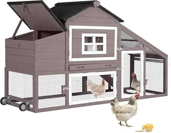 Chicken Coop Mobile Hen House Wooden with Run Poultry Cage with Nesting Box,Movable