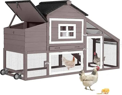 Chicken Coop Mobile Hen House Wooden with Run Poultry Cage with Nesting Box,Movable