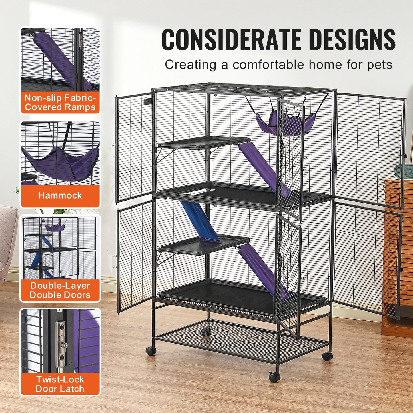 Rolling Metal Ferret Cage Large 4-Tier Small Animal Cage for Rats Hamster Guinea Chinchilla