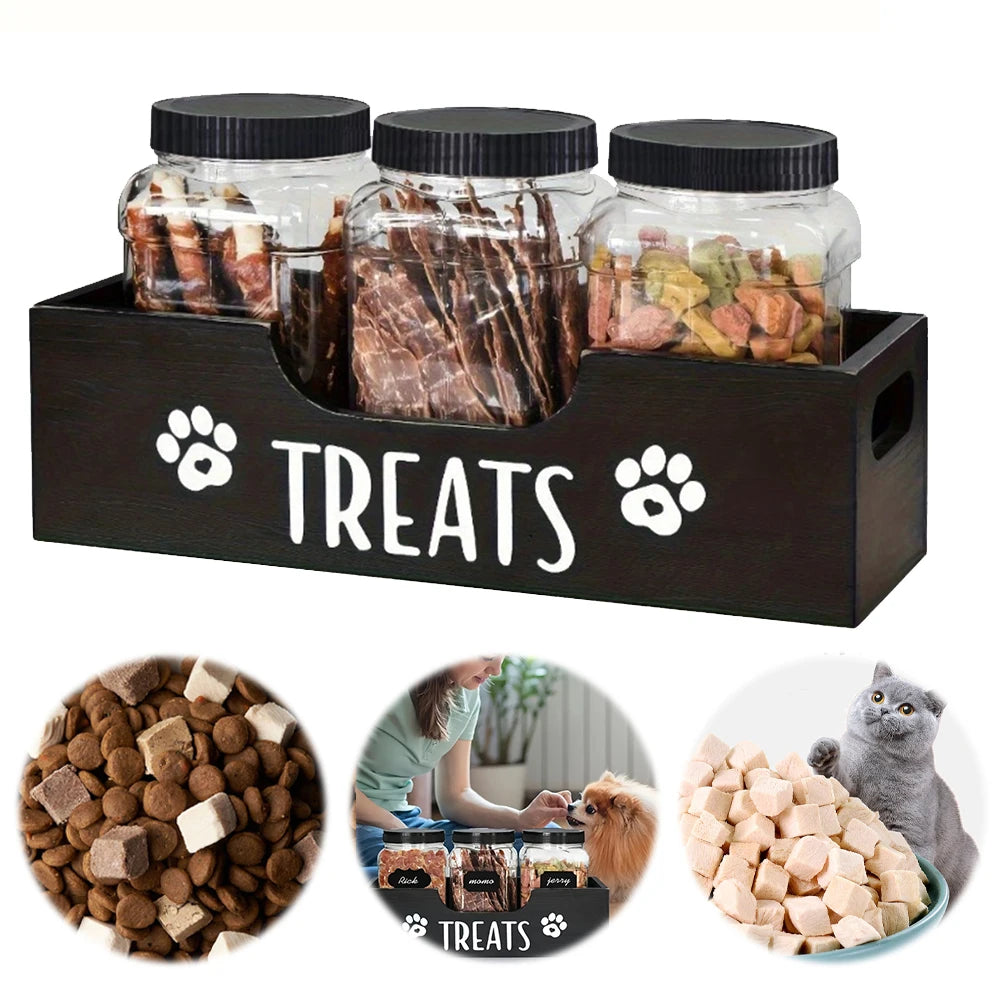 3Pcs Cat Dog Treat Jars With Wood Holder Pet Snack Storage Organizer