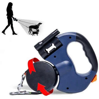 3in1 Double Head Automatic retractable leash Flashlight Poop Bag Dispenser Reflective