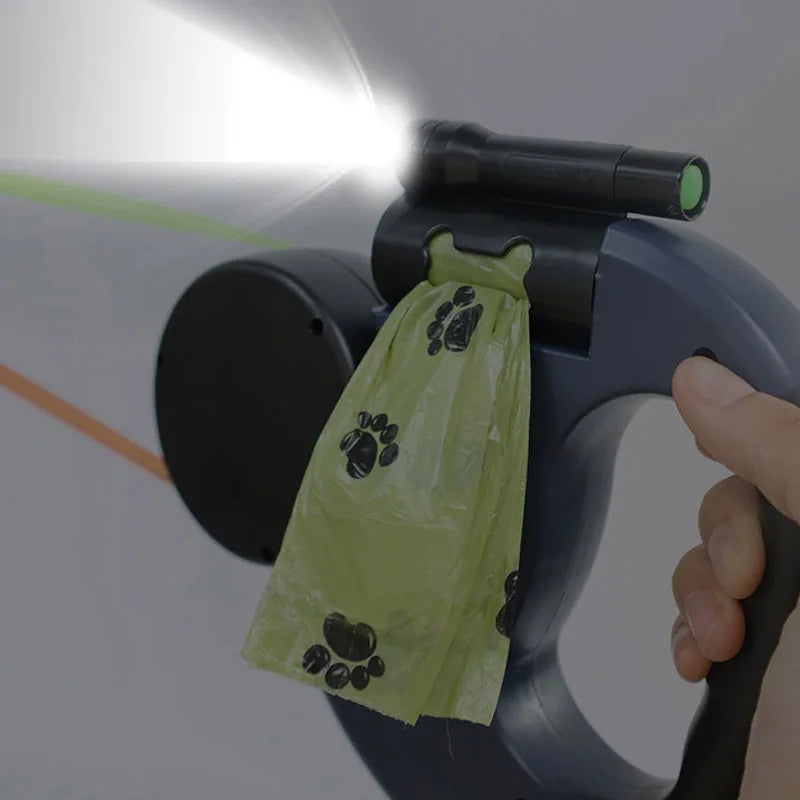 3in1 Double Head Automatic retractable leash Flashlight Poop Bag Dispenser Reflective