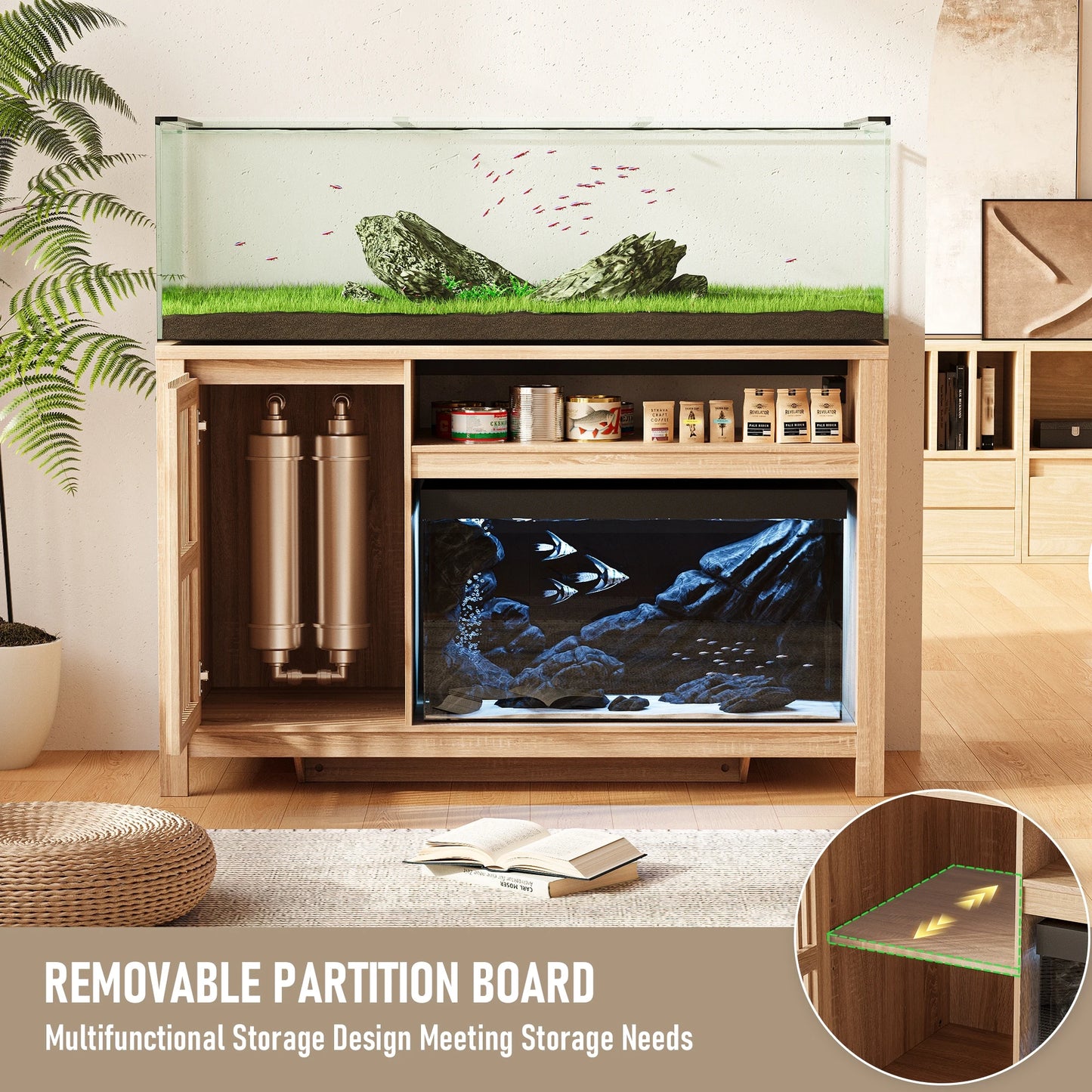 Aquarium Fish Tank Stand with Built-in Power Outlet & Storage Cabinet, Heavy Duty for Turtles