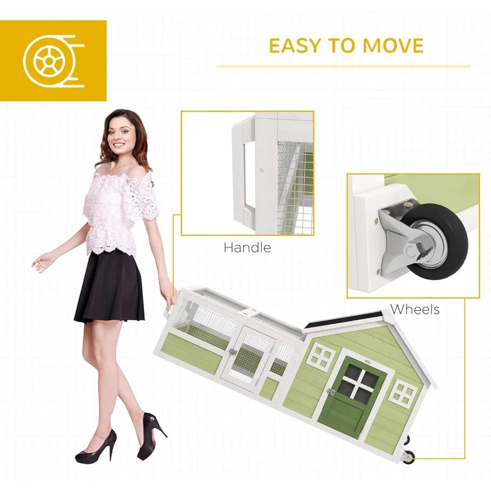 Rabbit Hutch, Outdoor or Guinea Pig Cage with Asphalt Roof, Handle, Wheels, 64 Inch Wooden Bunny Cage