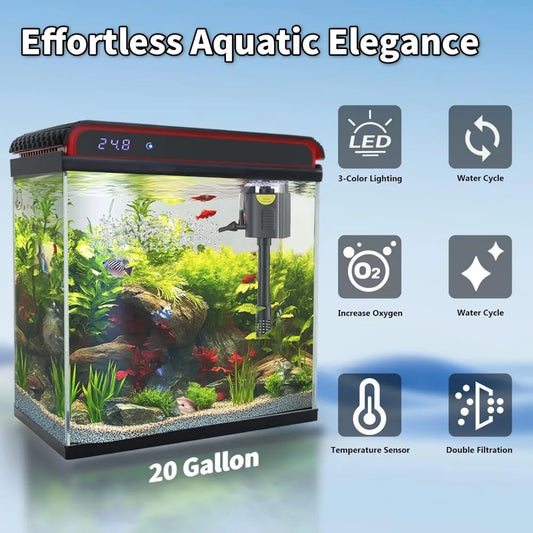 Starter Kit: Smart Self-Cleaning Fish Tank with 3-Color LED, Quiet Pump, and Filter