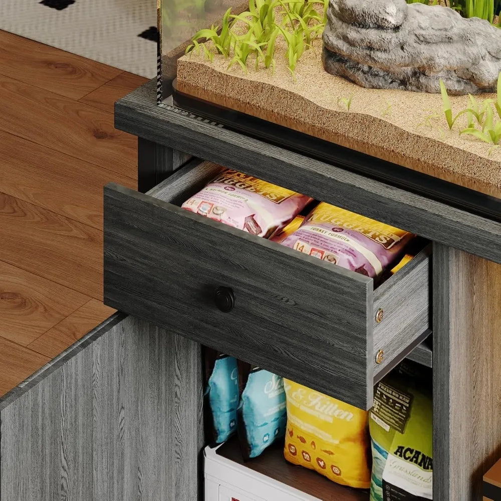 Aquarium Stand with LED Lighting Power Outlets Drawer Storage