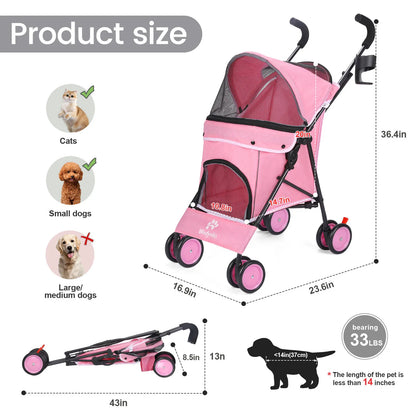 Pet Stroller Rotate with Brakes Storage for Dogs Cats Travel
