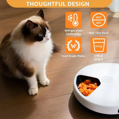 Cat Wet Food Automatic Feeder with Cooling, Semiconductor with Timer, 5 Food Compartments