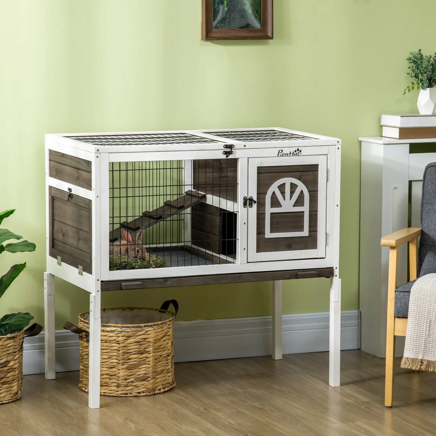 Rabbit Hutch Guinea Pig Cage w/ Removable Tray, Openable Roof