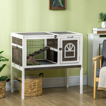 Rabbit Hutch Guinea Pig Cage w/ Removable Tray, Openable Roof