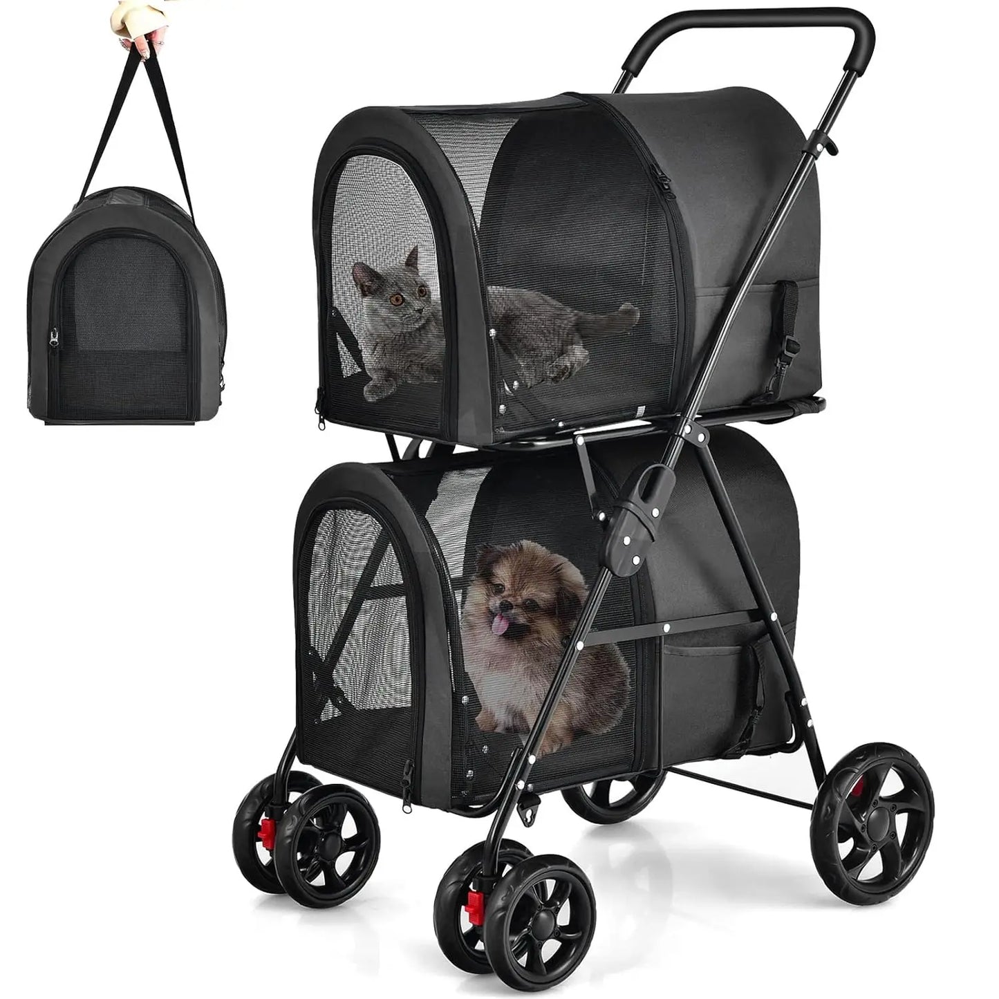 Double Pet Stroller with 2 Removable Carrying Bags, Safety Strap, 4 Lockable Wheels, Foldable