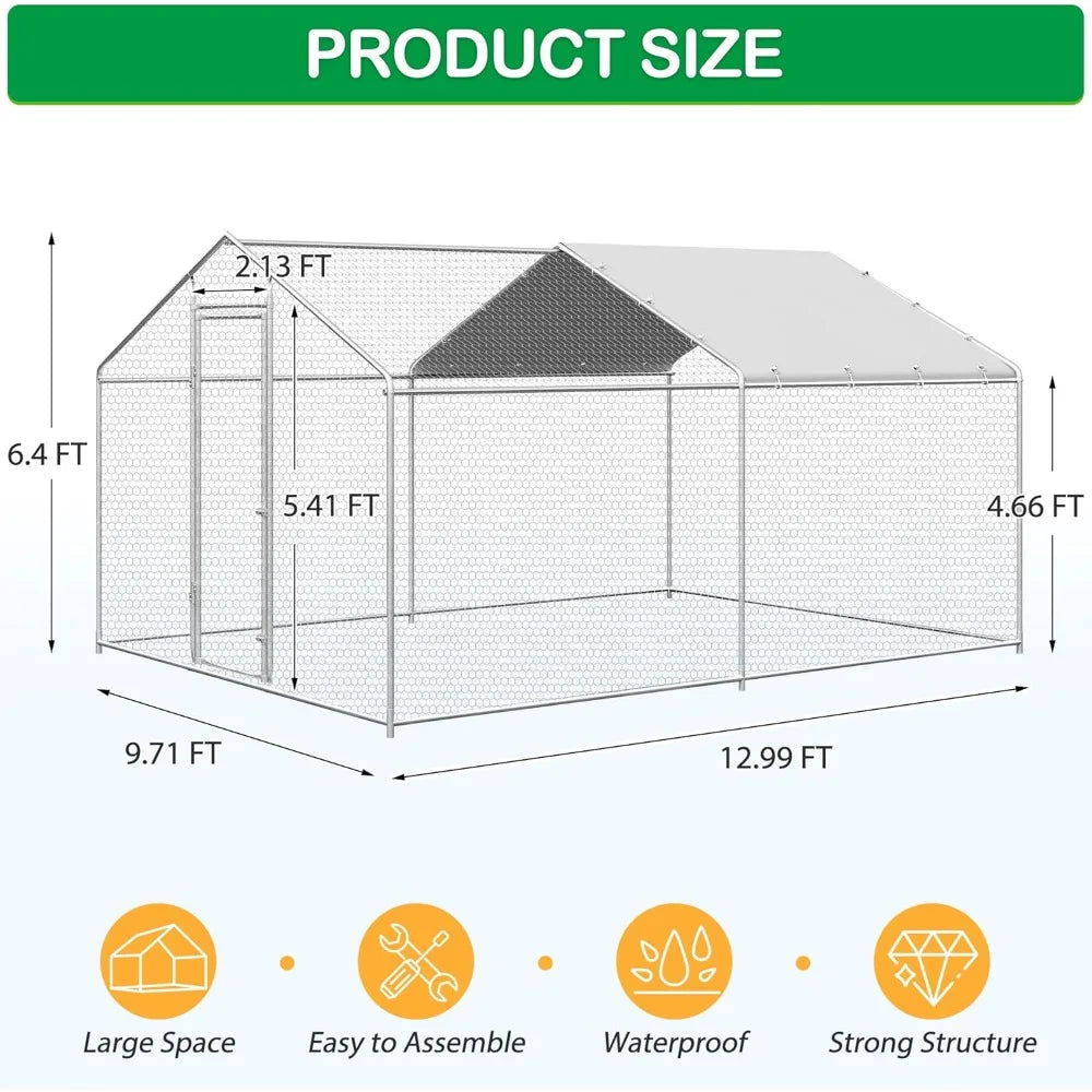 Large Metal Chicken Coop, Walk-in Chicken Run Pen with Waterproof Cover, for Outdoor