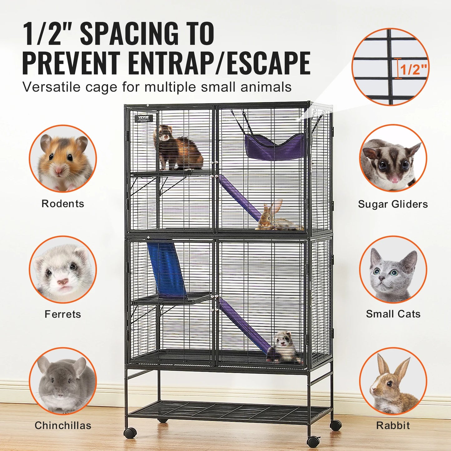 Rolling Metal Ferret Cage Large 4-Tier Small Animal Cage for Rats Hamster Guinea Chinchilla