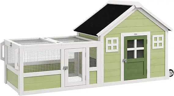 Rabbit Hutch, Outdoor or Guinea Pig Cage with Asphalt Roof, Handle, Wheels, 64 Inch Wooden Bunny Cage