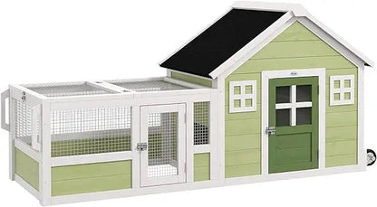 Rabbit Hutch, Outdoor or Guinea Pig Cage with Asphalt Roof, Handle, Wheels, 64 Inch Wooden Bunny Cage