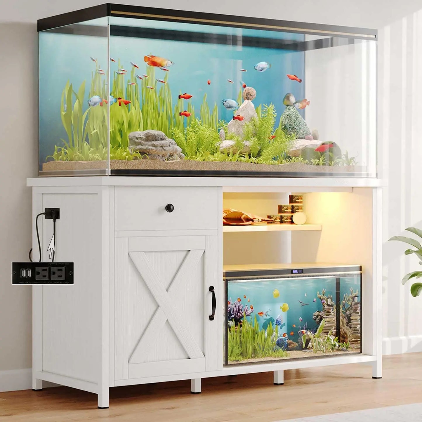 Aquarium Stand with LED Lighting Power Outlets Drawer Storage