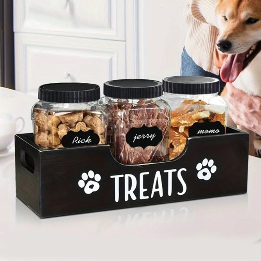 3Pcs Cat Dog Treat Jars With Wood Holder Pet Snack Storage Organizer