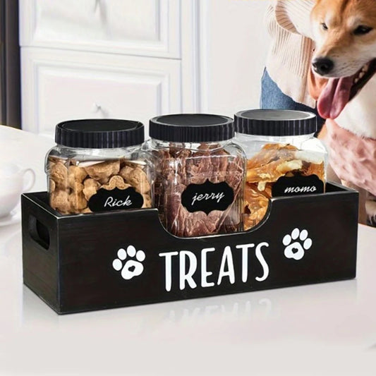 3Pcs Cat Dog Treat Jars With Wood Holder Pet Snack Storage Organizer