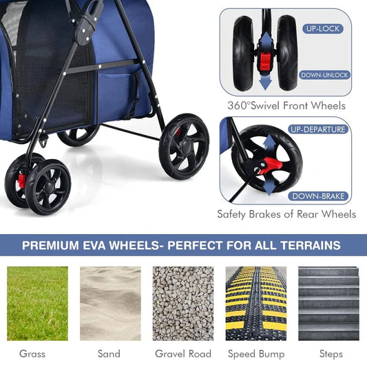 Double Pet Stroller with 2 Removable Carrying Bags, Safety Strap, 4 Lockable Wheels, Foldable