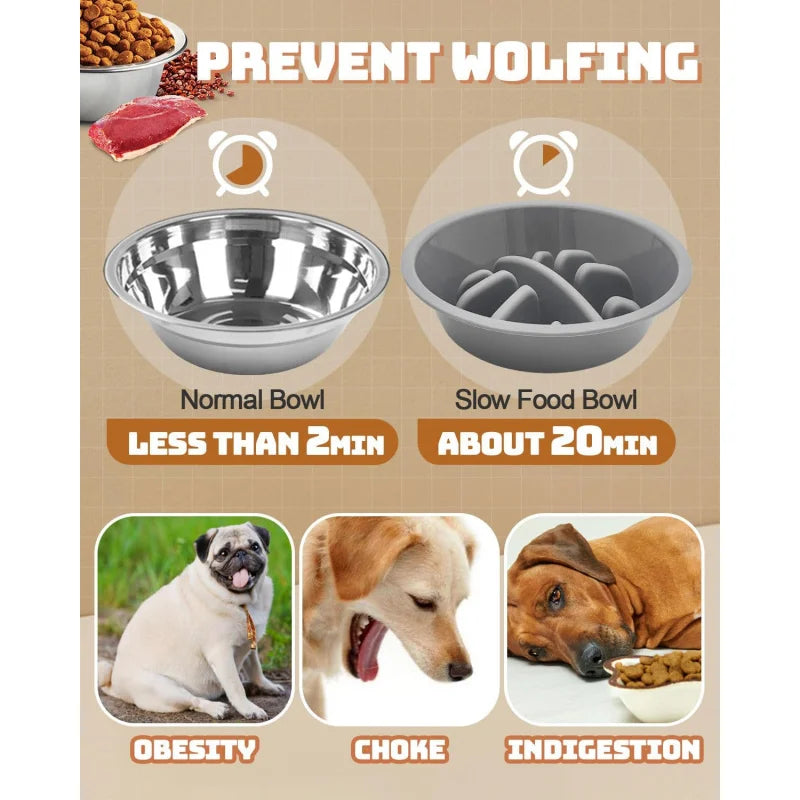 Adjustable Elevated Dog Bowls Stainless Steel Slow Feeder